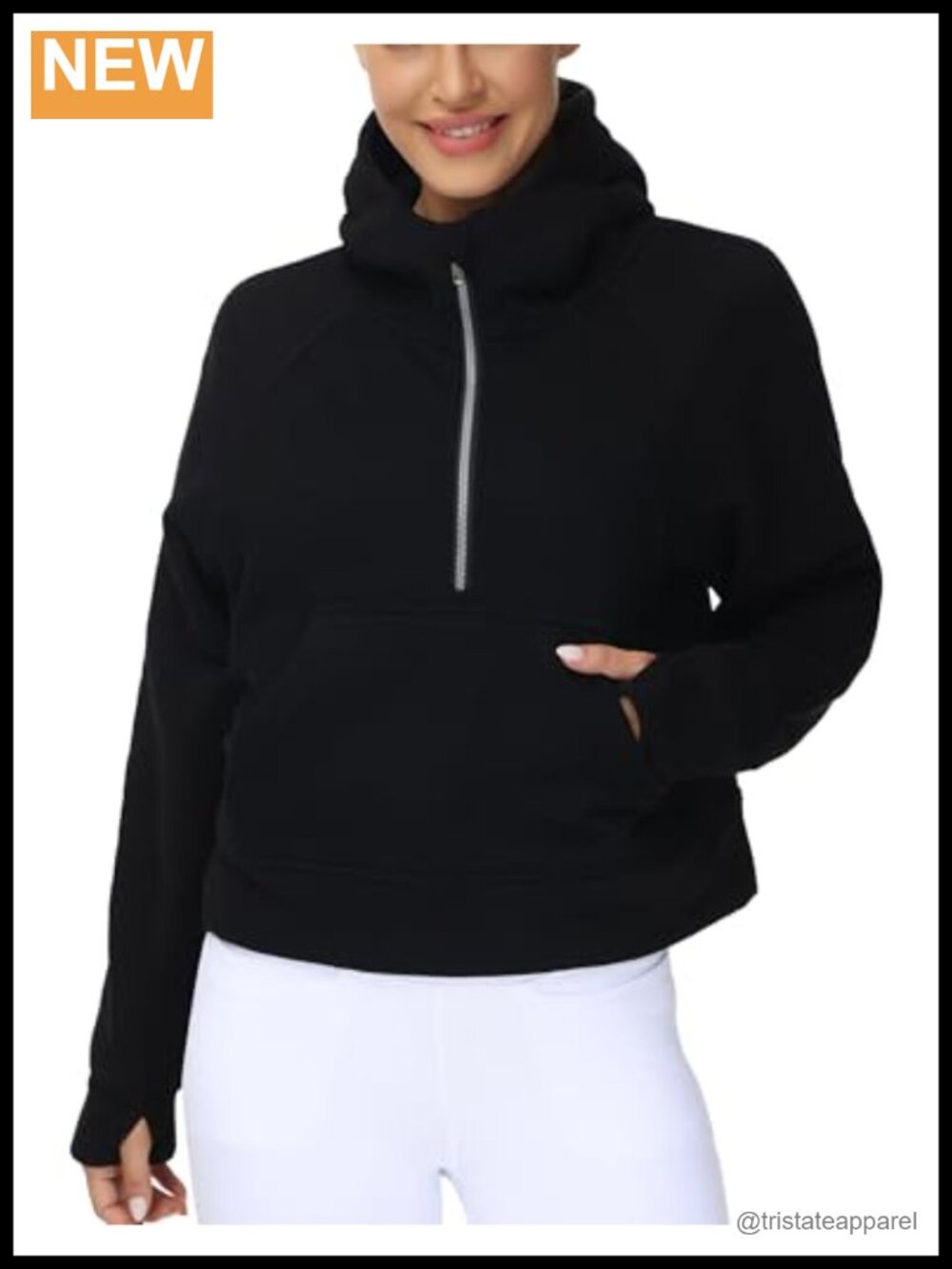 Women's Half Zip Fleece Crop Hoodie Pullover Sweatshirt with Thumb Holes